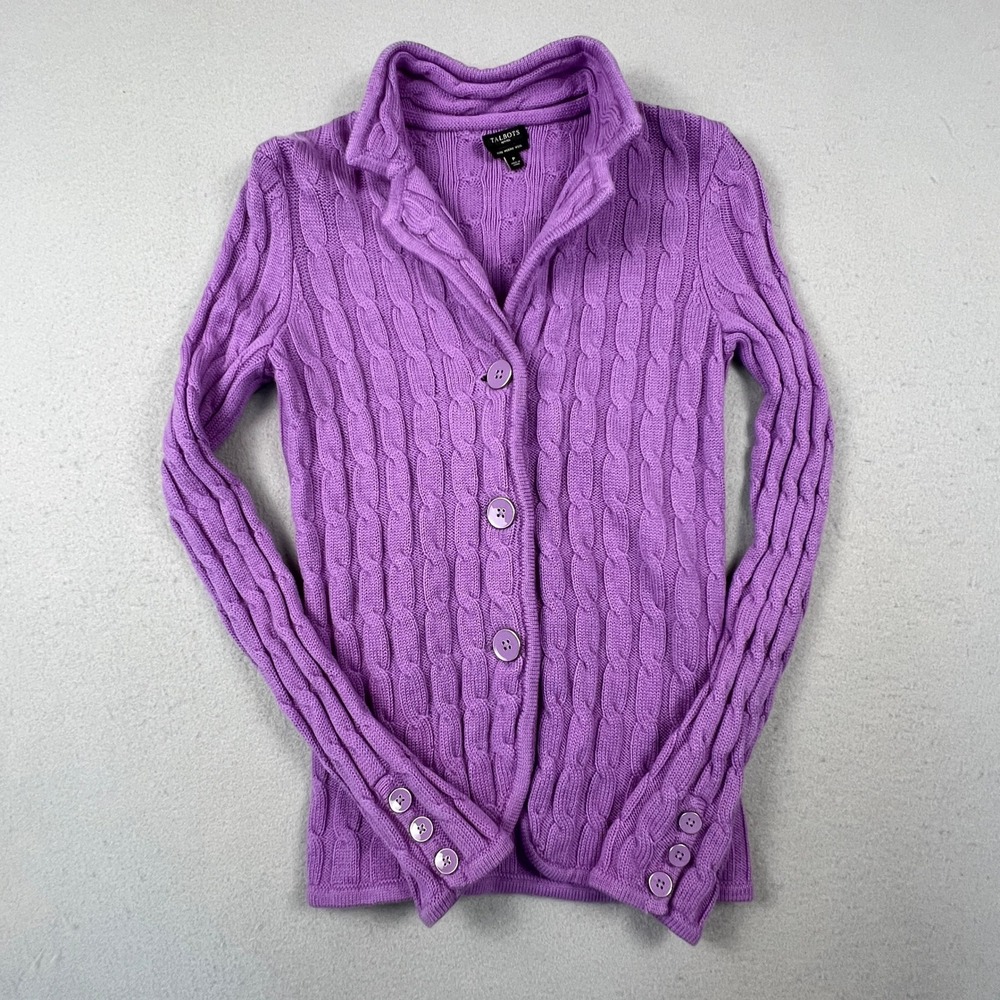 Talbots Cardigan Sweater Womens Petite P Purple Merino Wool Cable Knit Classic